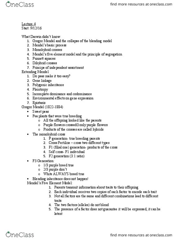 BIO 200 Lecture Notes - Lecture 4: Gamete, Heredity, Dihybrid Cross thumbnail