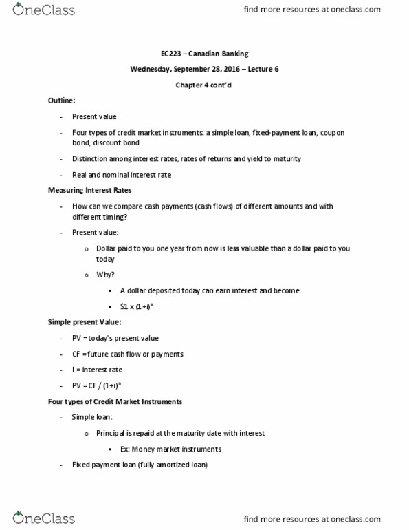 EC223 Lecture Notes - Lecture 6: Nominal Interest Rate, Zero-Coupon Bond, Cash Flow thumbnail