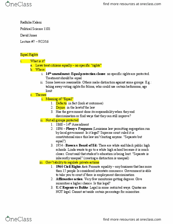 POL 1101 Lecture Notes - Lecture 7: Civil Rights Act Of 1964, Equal Protection Clause thumbnail