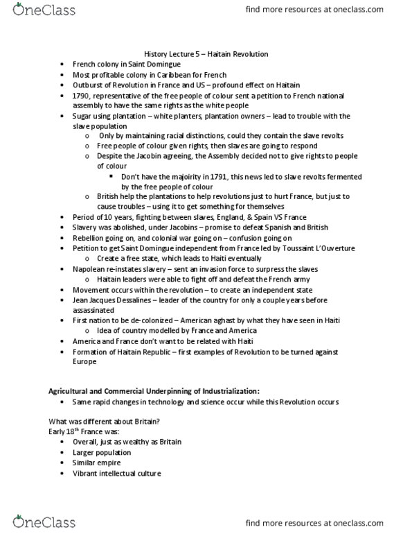 HISTORY 1DD3 Lecture Notes - Lecture 9: Toussaint Louverture, Decolonization, Complete Market thumbnail