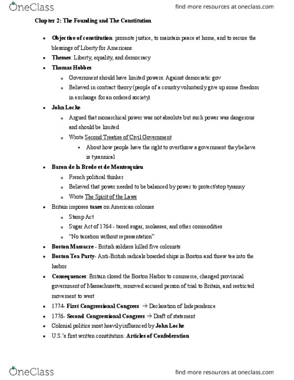 POL 1101 Chapter Notes - Chapter 2: Supremacy Clause, Connecticut Compromise, Sugar Act thumbnail