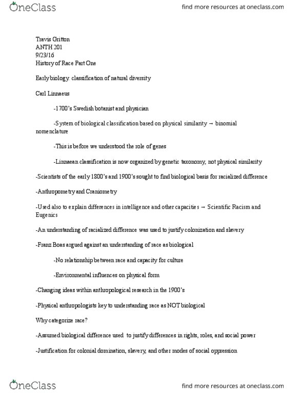 ANTH 201 Lecture Notes - Lecture 6: Phenotype, Franz Boas, Binomial Nomenclature thumbnail