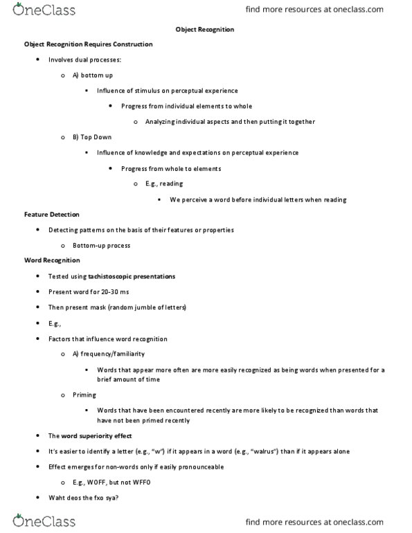 Psychology 2135A/B Lecture Notes - Lecture 5: Prosopagnosia, Fusiform Face Area, Fusiform Gyrus thumbnail