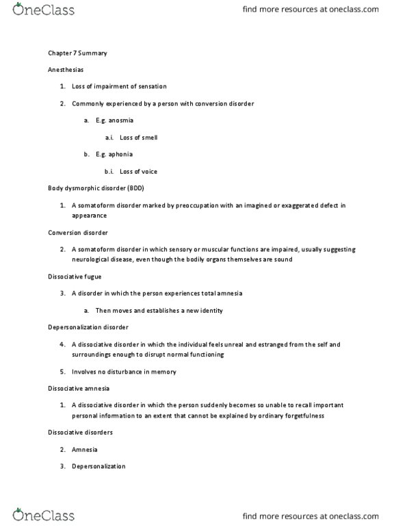 PSYB32H3 Chapter Notes - Chapter 7: Malingering, Hypochondriasis, Pain Disorder thumbnail