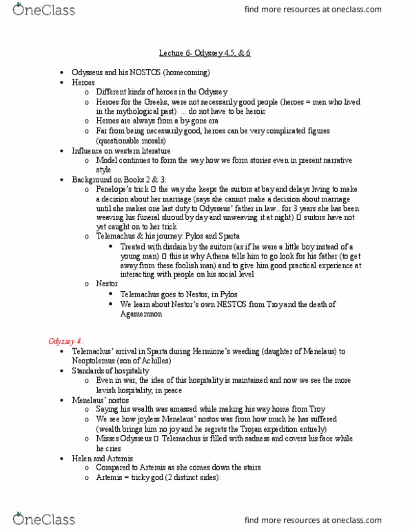 CLASSICS 1B03 Lecture Notes - Lecture 6: Odysseus, Irminones, Simile thumbnail