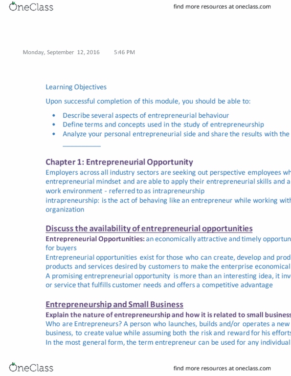ENT 500 Chapter Notes - Chapter 1: Social Entrepreneurship, Intrapreneurship, Independent Business thumbnail