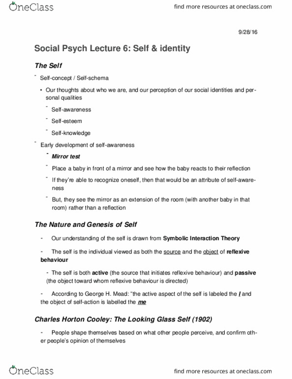 SOCPSY 1Z03 Lecture Notes - Lecture 6: Mirror Test, Psych, On Being thumbnail