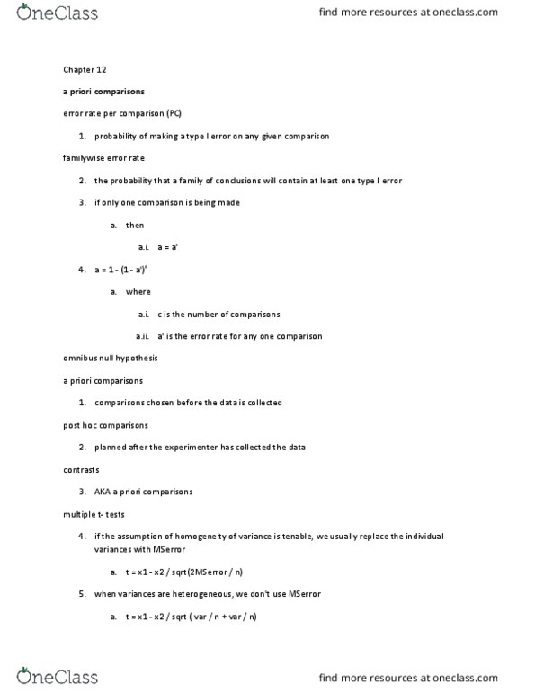 PSYC08H3 Chapter Notes - Chapter 12: Family-Wise Error Rate, Type I And Type Ii Errors, Linear Combination thumbnail