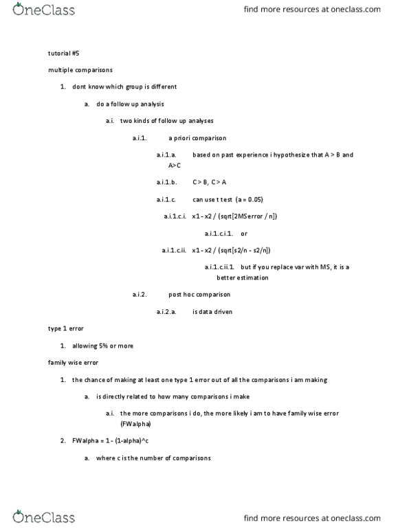 PSYC08H3 Lecture Notes - Lecture 5: Multiple Comparisons Problem, Linear Combination thumbnail