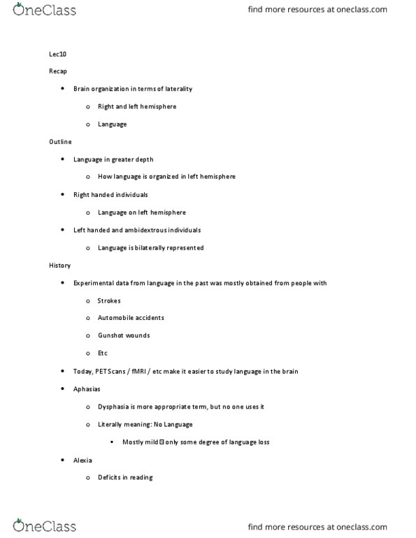 PSYB65H3 Lecture Notes - Lecture 10: Receptive Aphasia, Expressive Aphasia, Temporal Lobe thumbnail