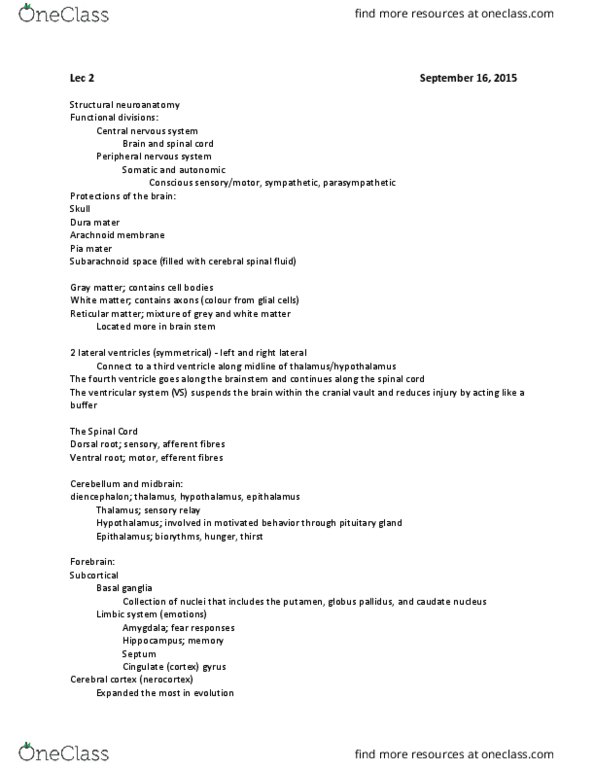 PSYB65H3 Lecture Notes - Lecture 2: Cerebrospinal Fluid, Dura Mater, Pia Mater thumbnail