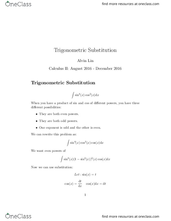 MATH 182A Lecture Notes - Lecture 5: Trigonometric Substitution, List Of Trigonometric Identities, Trigonometry thumbnail