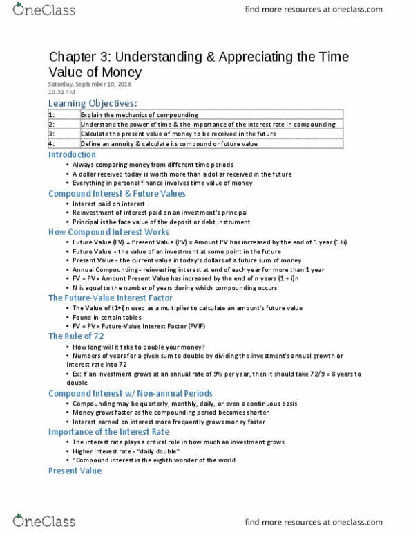 FINA 260 Lecture Notes - Lecture 3: Daily Double, Personal Finance, Compound Interest thumbnail