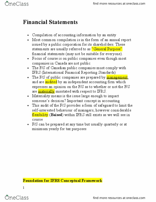 Business Administration 1220E Lecture Notes - Lecture 1: International Financial Reporting Standards, Cash Flow Statement, Accounts Payable thumbnail