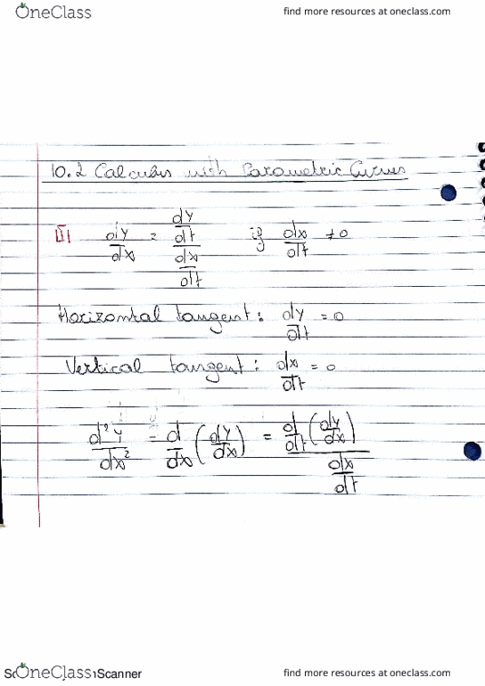 MATH 2D Chapter 10.2: Math 2D: Multivariable Calculus, Textbook Note 10.2: Calculus with Parametric Curves thumbnail