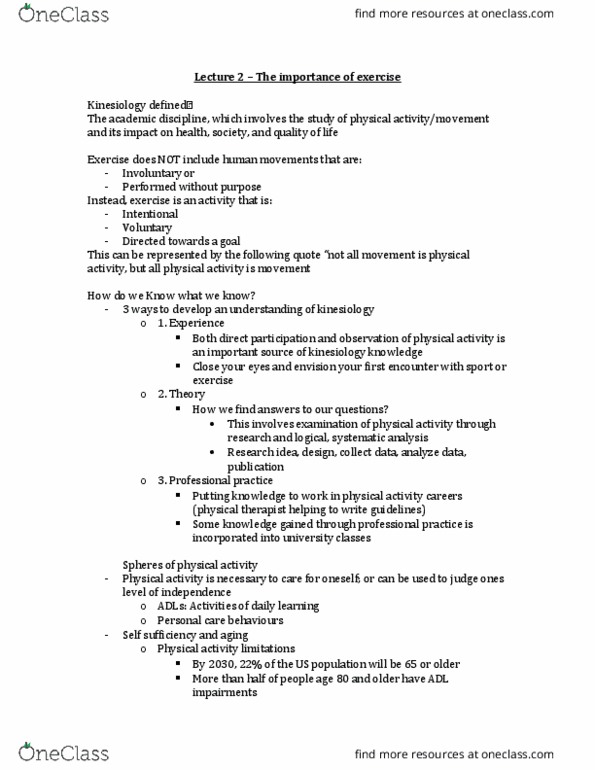 Kinesiology 2000A/B Lecture Notes - Lecture 2: Physical Therapy, Social Environment, Cardiovascular Disease thumbnail