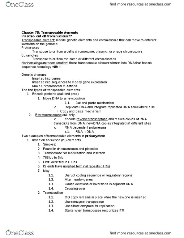 BIL 250 Chapter Notes - Chapter 7b: Transposable Element, Insertion Sequence, Transposase thumbnail