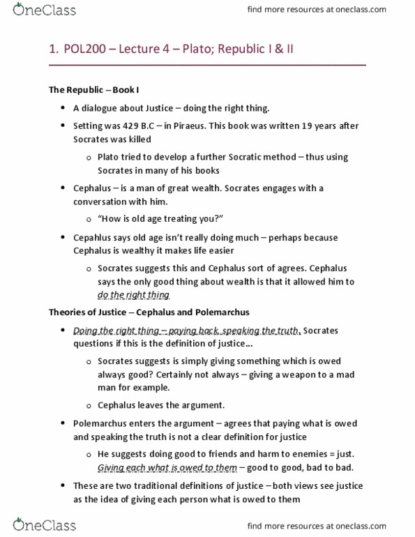 POL200Y5 Lecture Notes - Lecture 4: Cephalus, Thrasymachus, Socratic Method thumbnail