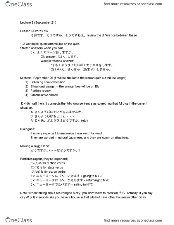 JAPAN 1101 Lecture Notes - Lecture 8: Nonpast Tense thumbnail