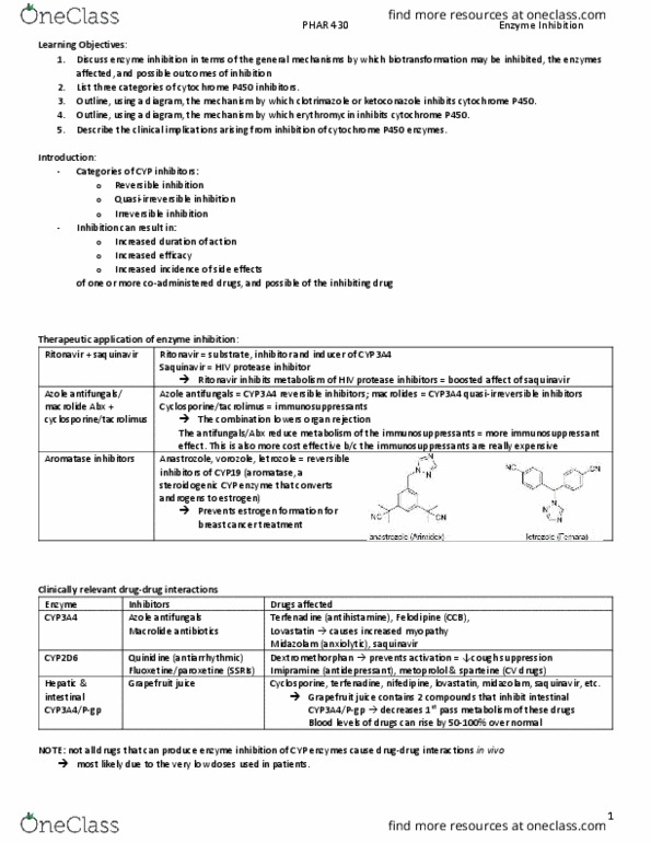 PHAR 430 Lecture Notes - Lecture 6: Cytochrome P450, Grapefruit Juice, Saquinavir thumbnail