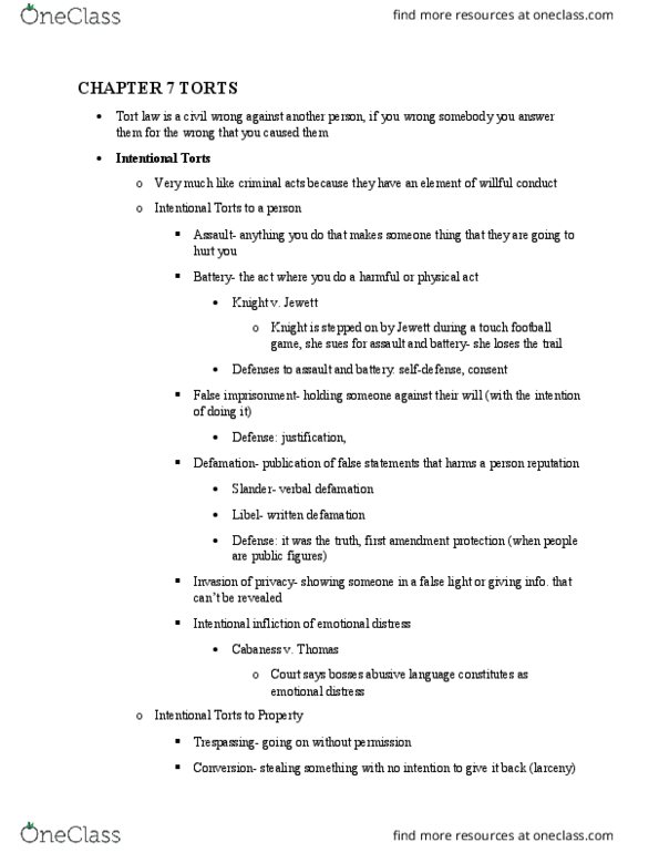 LE 101 Lecture Notes - Lecture 4: False Imprisonment, False Light, Larceny thumbnail