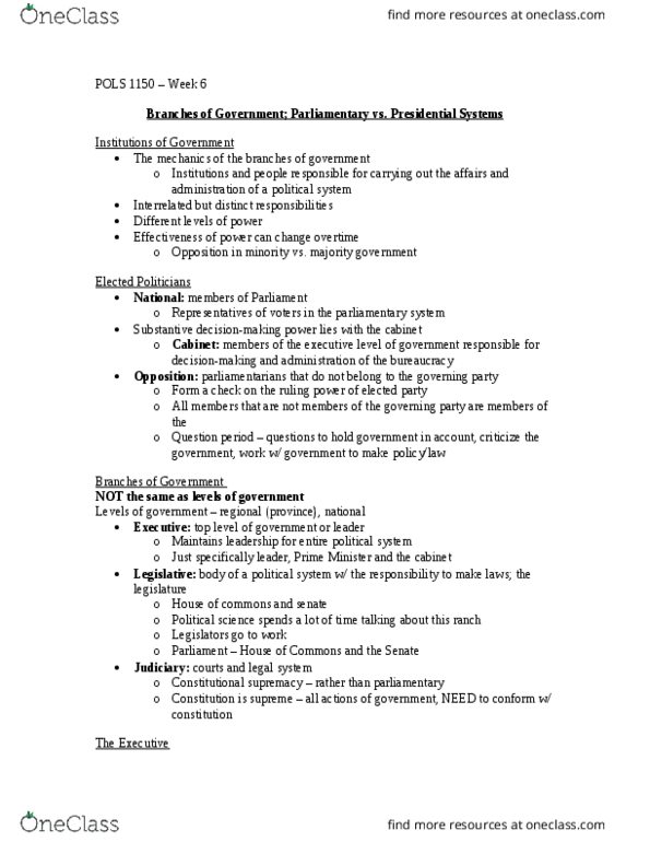 POLS 1150 Lecture Notes - Lecture 6: Ultra Vires, Presidential System, Caucus thumbnail