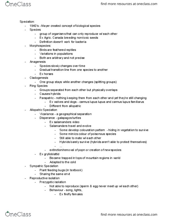 BIO 1130 Lecture Notes - Lecture 6: Anagenesis, Cladogenesis, Speciation thumbnail