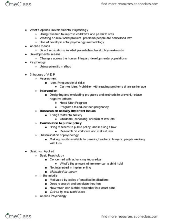 PSYC 319 Lecture Notes - Lecture 2: Developmental Psychology, Child Care, Scientific Method thumbnail