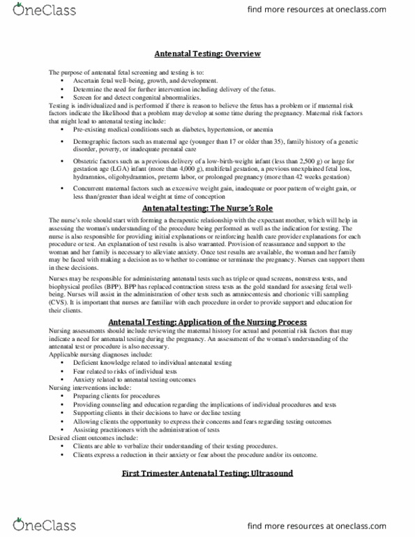 NURS 461 Lecture Notes - Lecture 2: Prenatal Diagnosis, Chorionic Villi, Cardiotocography thumbnail