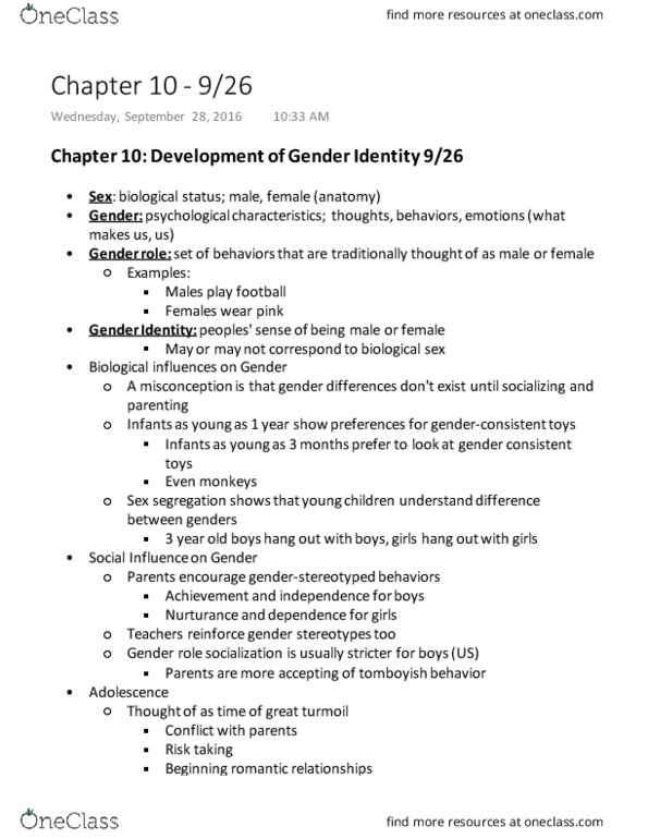 PSYC 1005 Lecture Notes - Lecture 6: Moral Development, Sex Segregation, Gender Role thumbnail