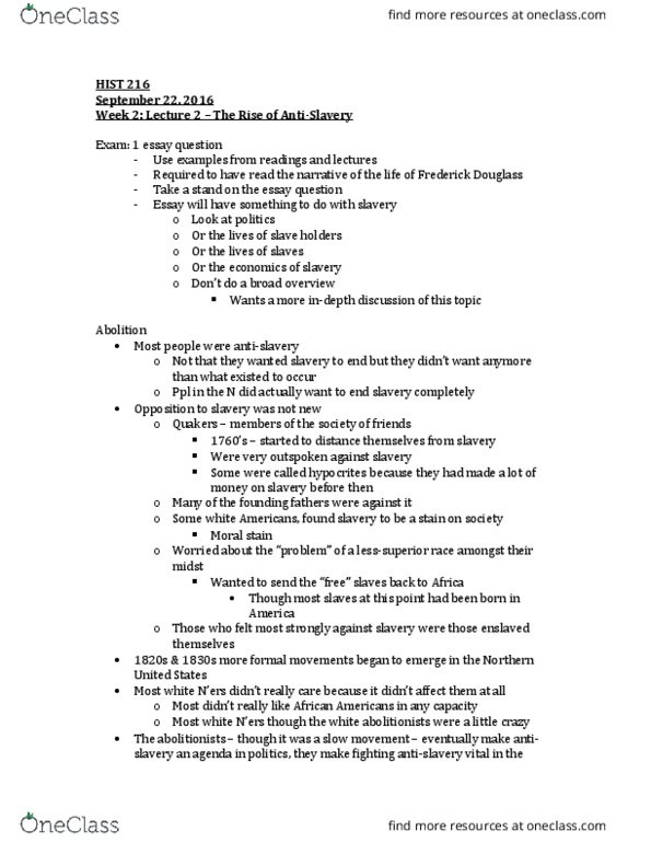 HIST 216 Lecture Notes - Lecture 4: Northern United States, Missouri Compromise thumbnail