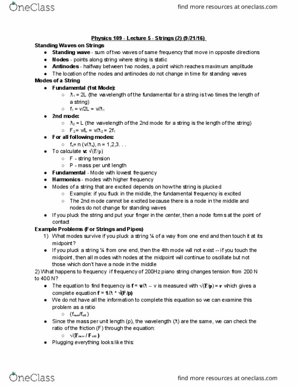 PHYSICS 109 Lecture Notes - Lecture 5: Standing Wave, Fundamental Frequency, Wind Instrument thumbnail