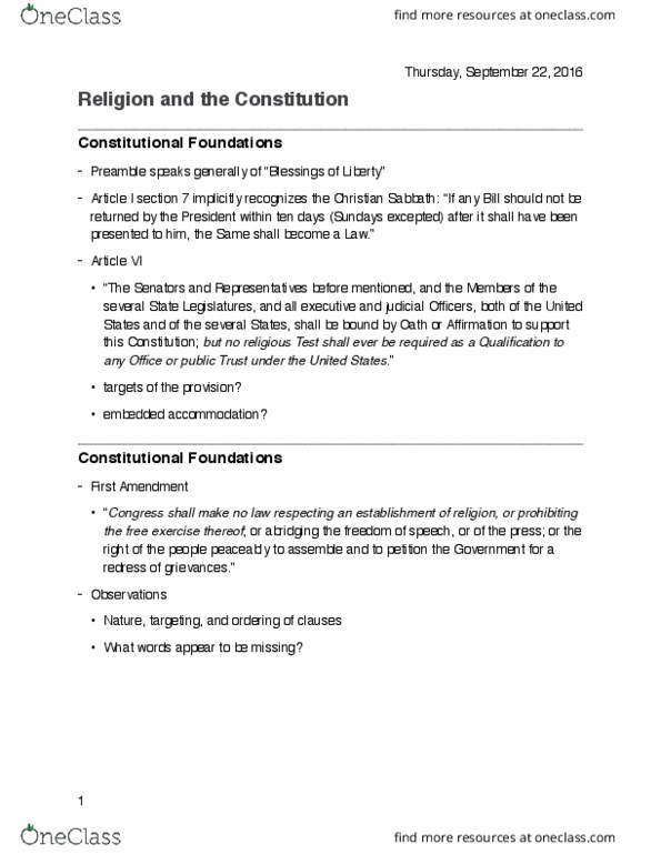 PS 202 Lecture Notes - Lecture 3: Freedom Of Religion, Establishment Clause, Congressional Record thumbnail