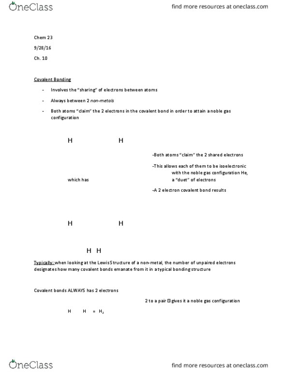 CHEM 023 Lecture Notes - Lecture 11: Covalent Bond, Isoelectronicity, Nonmetal thumbnail