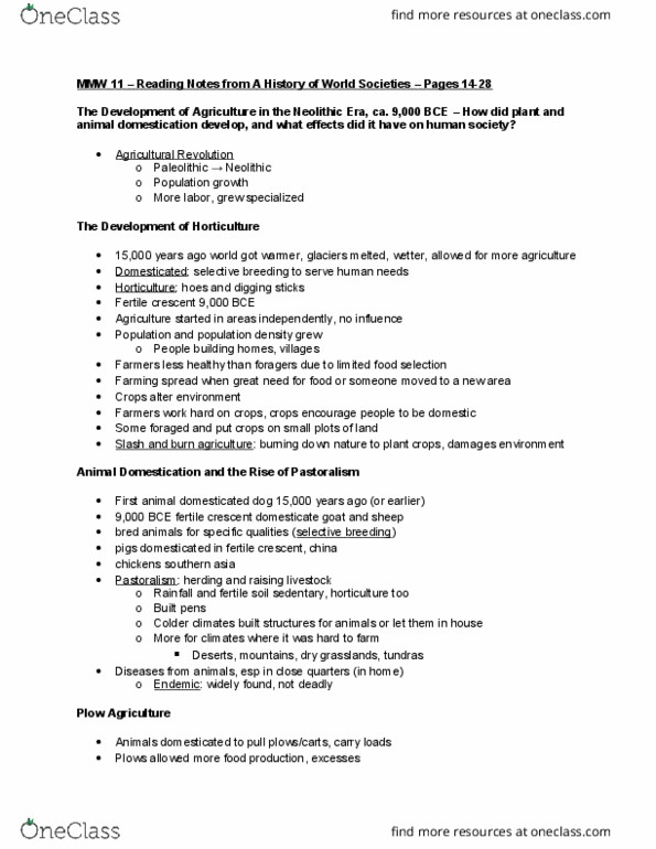 MMW 11 Chapter Notes - Chapter Pages 14-28: Fertile Crescent, Neolithic, Pastoralism thumbnail