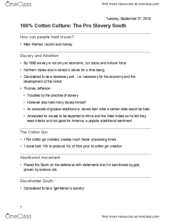HIST 216 Lecture Notes - Lecture 5: James Henry Hammond, Cotton Gin, Pseudoscience thumbnail
