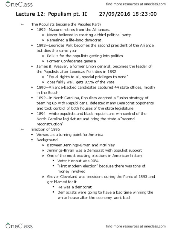 HISTORY 124A Lecture Notes - Lecture 12: William Jennings Bryan, Grover Cleveland, Economic Nationalism thumbnail