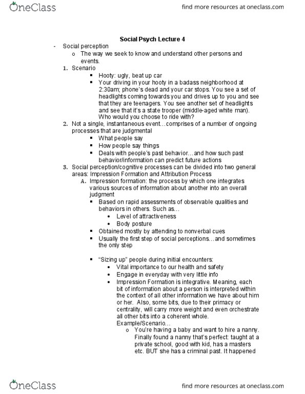 PSYC 3402 Lecture Notes - Lecture 4: Impression Formation, Crime Scene Getaway, Nanny thumbnail