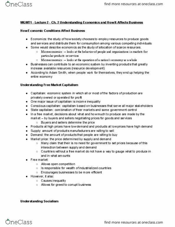 MGMT 1 Chapter Notes - Chapter 2: State Capitalism, Market Price, Free Market thumbnail