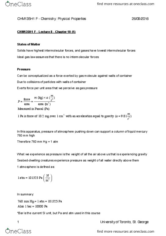 CHM135H1 Lecture Notes - Lecture 8: Ideal Gas Law, Gas Constant, Intermolecular Force thumbnail
