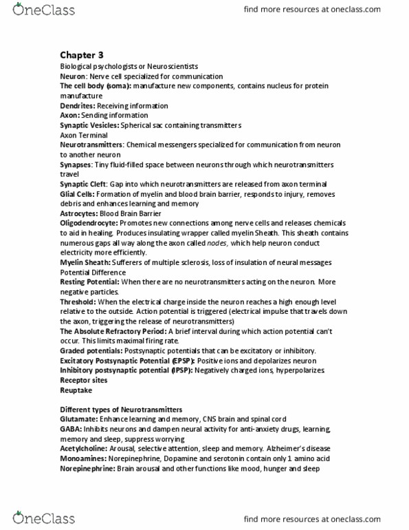 PSYC 101 Lecture Notes - Lecture 3: Inhibitory Postsynaptic Potential, Frontal Lobe, Parietal Lobe thumbnail