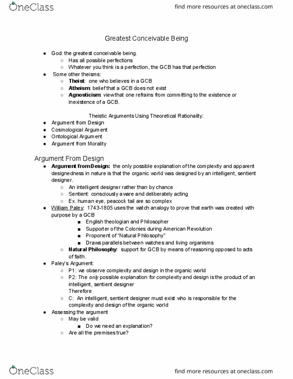 PHIL 1101 Lecture Notes - Lecture 3: Cosmological Argument, Ontological Argument, Intelligent Designer thumbnail