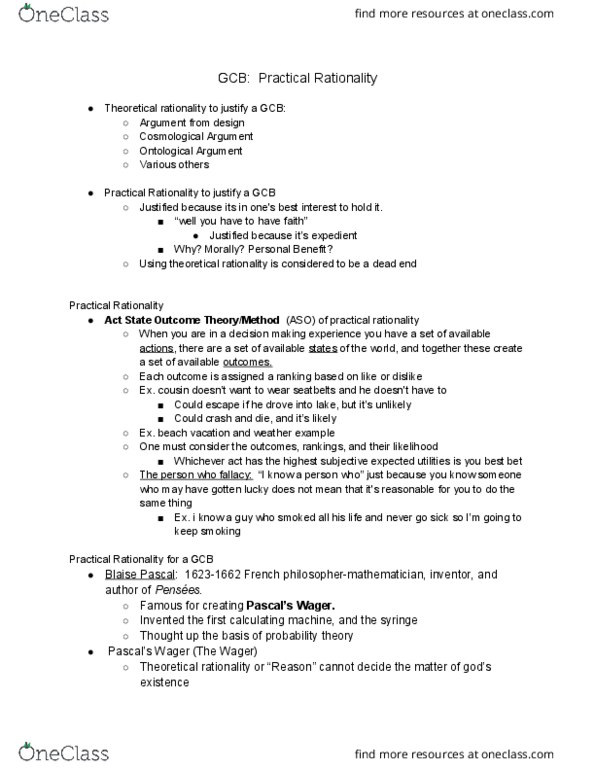 PHIL 1101 Lecture Notes - Lecture 4: Subjective Expected Utility, Blaise Pascal, Expected Utility Hypothesis thumbnail