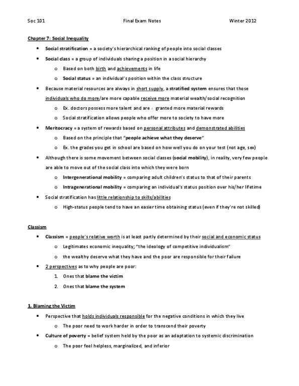 SOC101 Final Soc 101 COMPLETE FINAL EXAM NOTES OneClass