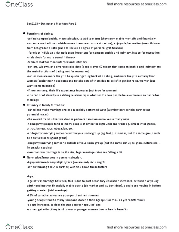 SOC 2103 Lecture Notes - Lecture 7: Engagement, Exogamy, Endogamy thumbnail