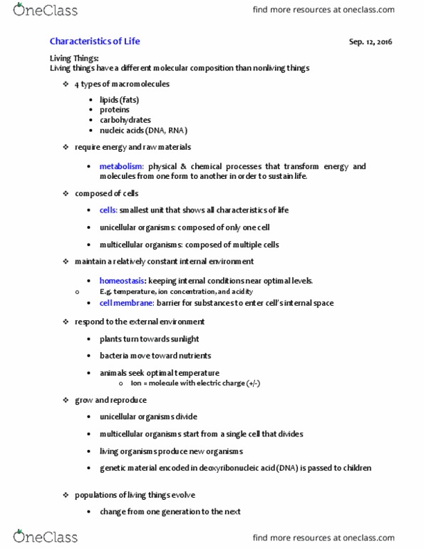 BIOL 1F25 Lecture Notes - Lecture 1: Homeostasis, Organism, Protist thumbnail