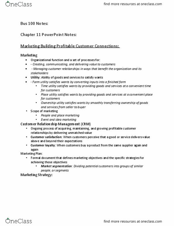 BUS 100 Lecture Notes - Lecture 11: Customer Relationship Management, Market Segmentation, Customer Satisfaction thumbnail