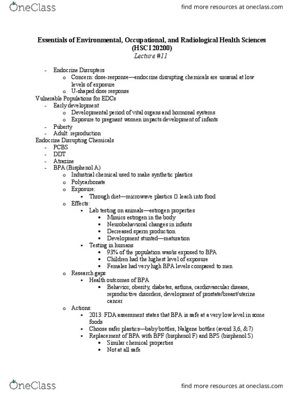 HSCI 20200 Lecture Notes - Lecture 11: Plasmodium Ovale, Bisphenol S, Bisphenol A thumbnail