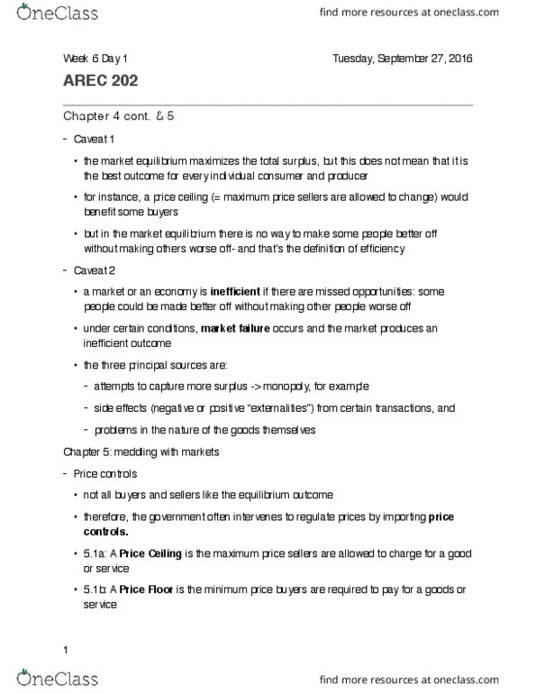 AREC 202 Lecture Notes - Lecture 11: Deadweight Loss, Price Ceiling, Price Controls thumbnail