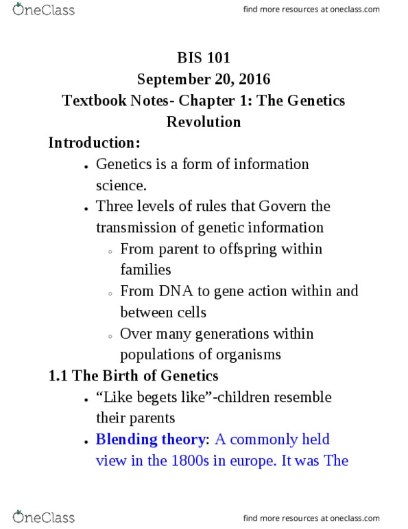 BIS 101 Chapter Notes - Chapter 1: Exact Sequence, Chromosome, Regulatory Sequence thumbnail